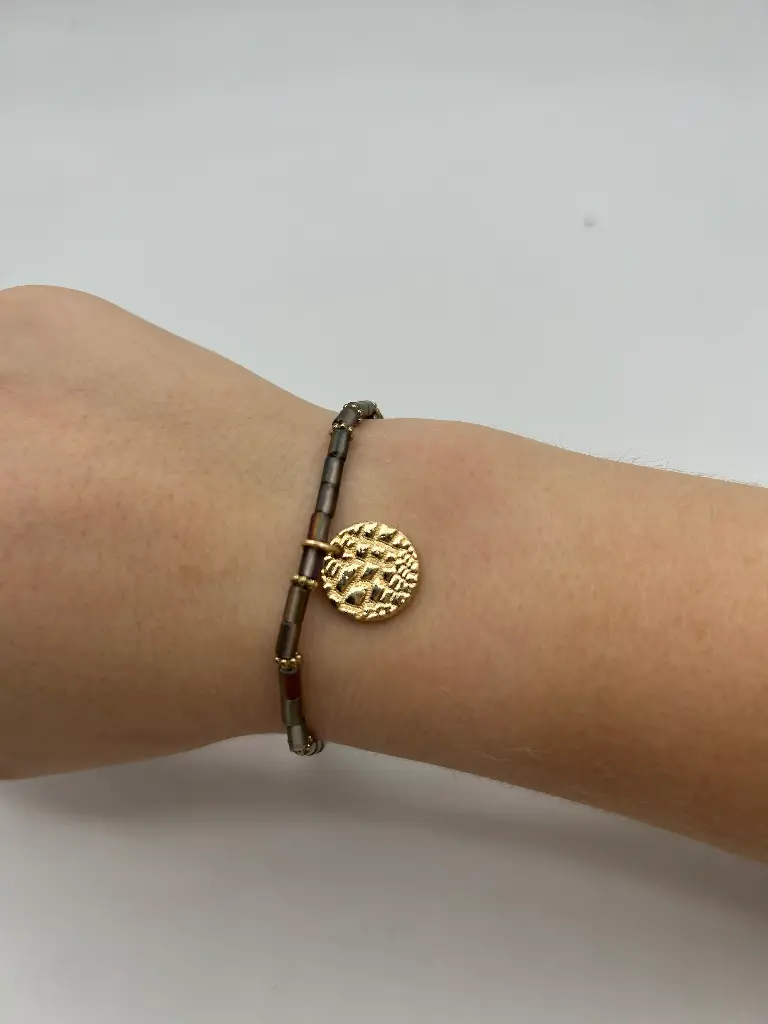 Bracelet perles cylindres médaillon croco n°229 (Brun)