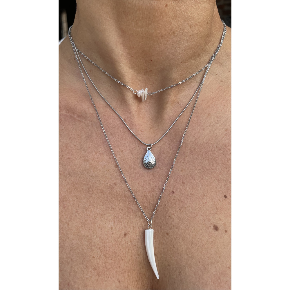 Collier fin triple dent, goutte, perle YL D033