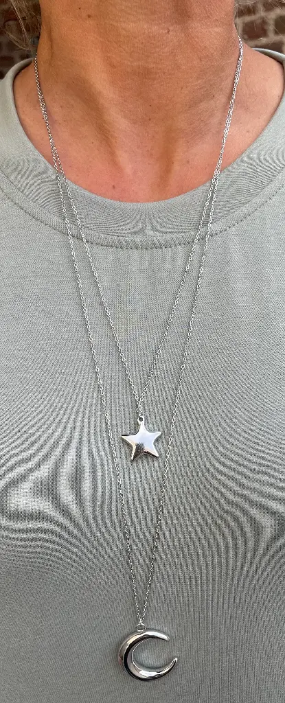 Collier double chaînes Lune/Etoile
