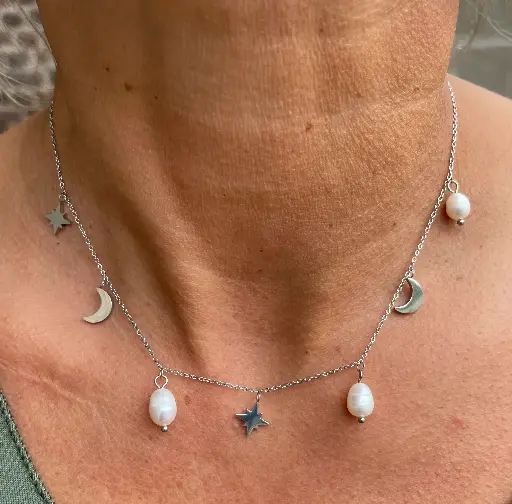 Collier chaîne pendant étoiles/lunes perles Y2201