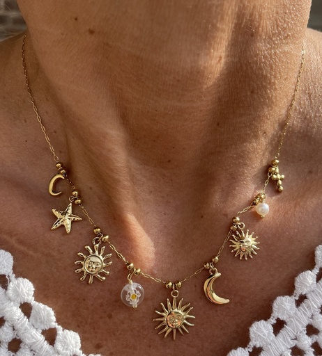 Collier chaine breloques lune/soleil K124